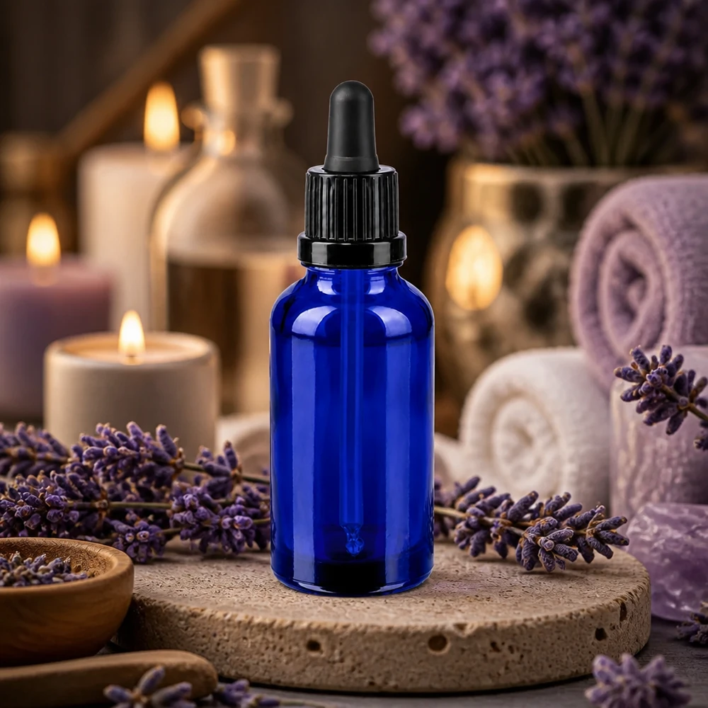 30 ml:n pipettipullo musta väärentämisen estävä suljin BlueLine UT18/30 BlueLine UT18/30 Korkealaatuinen 30ml pipettipullo tyylikkään sinisessä värissä aromaterapiaan ja eteerisiin öljyihin.