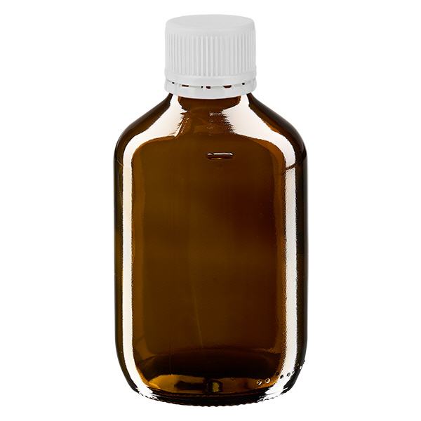 200ml lääkepullo ruskea, valkoinen korkki, jossa on väärentämisen estävä rengas ApoGlas 200ml lääkepullo ruskea, valkoinen korkki, jossa on väärentämisen estävä rengas ApoGlas