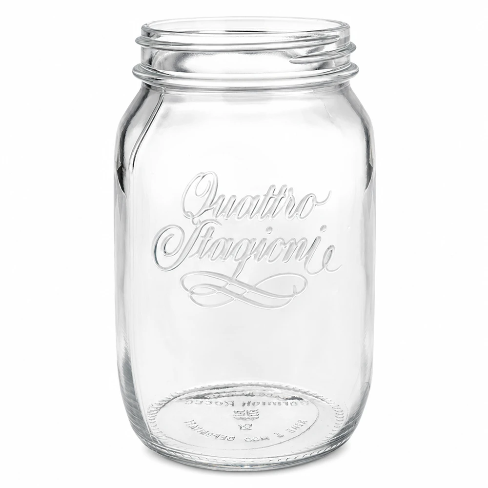 1000ml Quattro Stagioni säilöntätölkki kirkkaasta lasista, jossa on ruuvikierre säilöntään ja säilytykseen.
