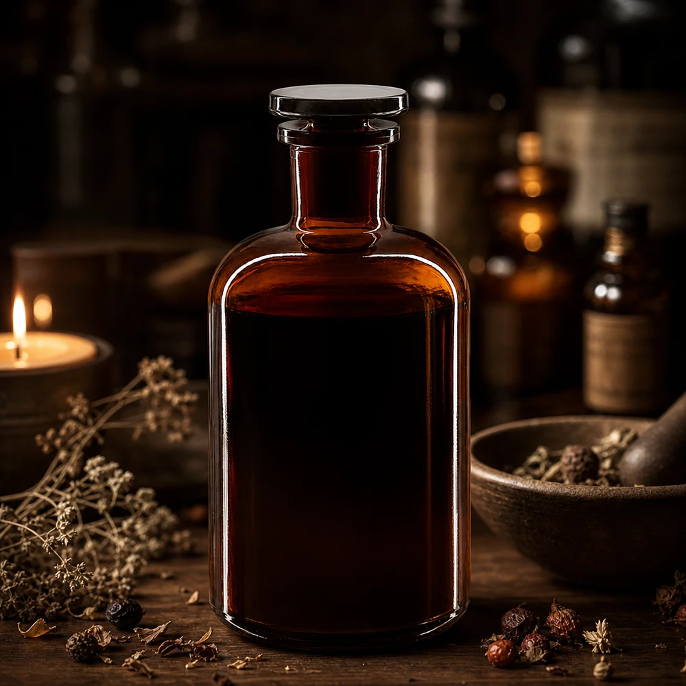 Pyöreä olkapääpullo 500ml ruskea kapeakaulainen lasitulppa Pyöreäolkapullopullo, 500 ml, ruskeaa lasia, kapeakaulainen, lasitulpalla, yrttiuutteille ja tinktuureille