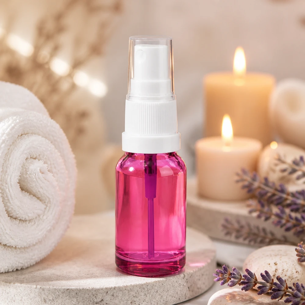 10ml lasinen suihkepullo tyylikkäässä violetissa muotoilussa, joka sopii täydellisesti DIY-kosmetiikkaan ja luonnonkosmetiikkaan.