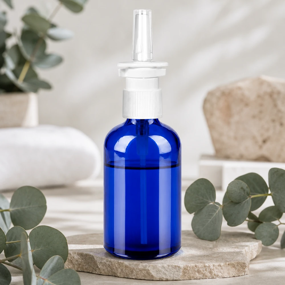 100ml nenäsumutinpullo musta valkoinen/läpinäkyvä vakiokorkki BlueLine UT18/100 BlueLine UT18/100 100ml suihkepullo syvänsinisellä värillä ja valkoisella pumppusumuttimella farmaseuttisille tuotteille.
