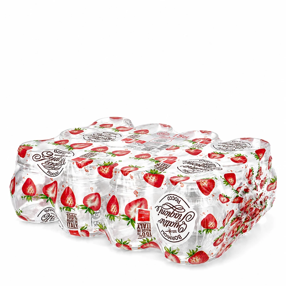150ml pyöreä lasi "Quattro Stagioni" QS56mm QS56mm Pakkaus 12 kpl 150ml Quattro Stagioni-säilykepurkkeja, joissa on mansikkakuvio ja kierrekorkki, säilöntään