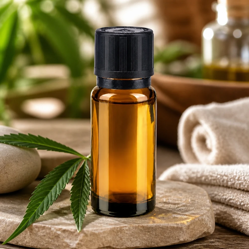 Apteekkipullo ruskea 10ml tiputuskorkki valurengas 1mm musta lapsilukko sokea varoitussymboli peukaloinninestokorkki St. 10 ml:n tiputus pullo apteekkilasista, jossa on 1 mm:n suuaukko, kannabiksen lehden ja hyvinvointikivien vieressä