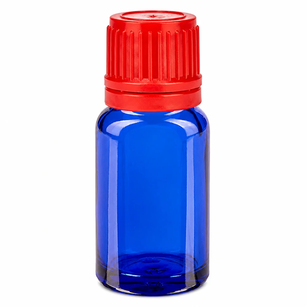 10ml sininen lasipullo punaisella kierrekorkilla 11mm SV eteerisille öljyille ja tinktuureille.