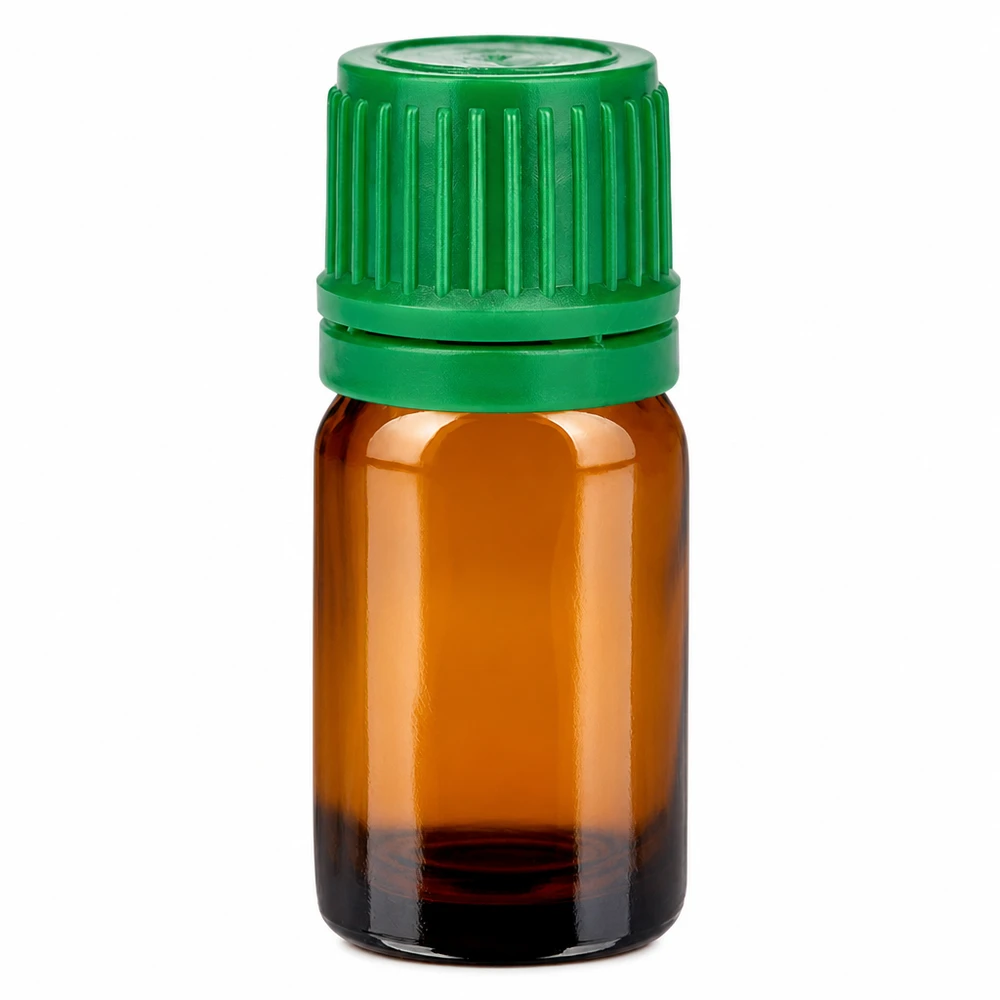 5ml meripihkanvärinen lasipullo vihreällä kierrekorkilla eteerisiä öljyjä ja aromaterapiaa varten.