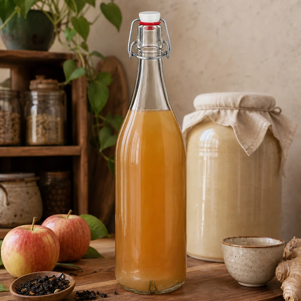 1000 ml:n lasipullo, jossa on kääntyvä korkki ja joka on täytetty omenamehulla tuoreiden omenoiden ja kombuchan vieressä maalaismaisessa keittiössä.