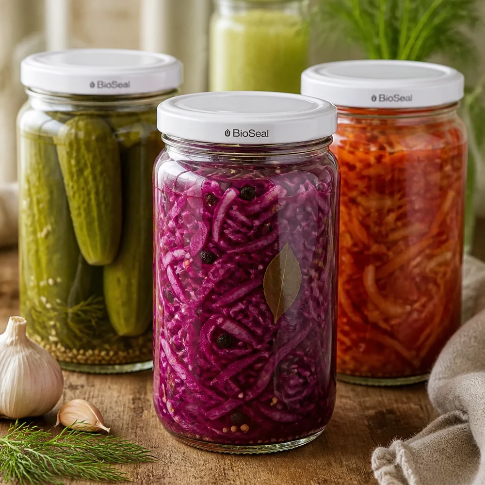 UNiTWIST Runda305 Gläser mit weißem BioSeal Deckel gefüllt mit eingelegtem Gemüse - Gurken Rotkohl Karotten
