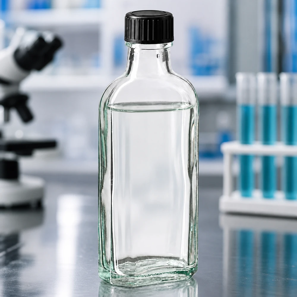 100 ml Meplat-kirkas kierrekorkki, jossa on EPE-sulkukiekko. 100 ml:n Meplat-lasipullo, jossa on musta kierrekorkki, mikroskoopin ja sinisten koeputkien edessä laboratoriossa