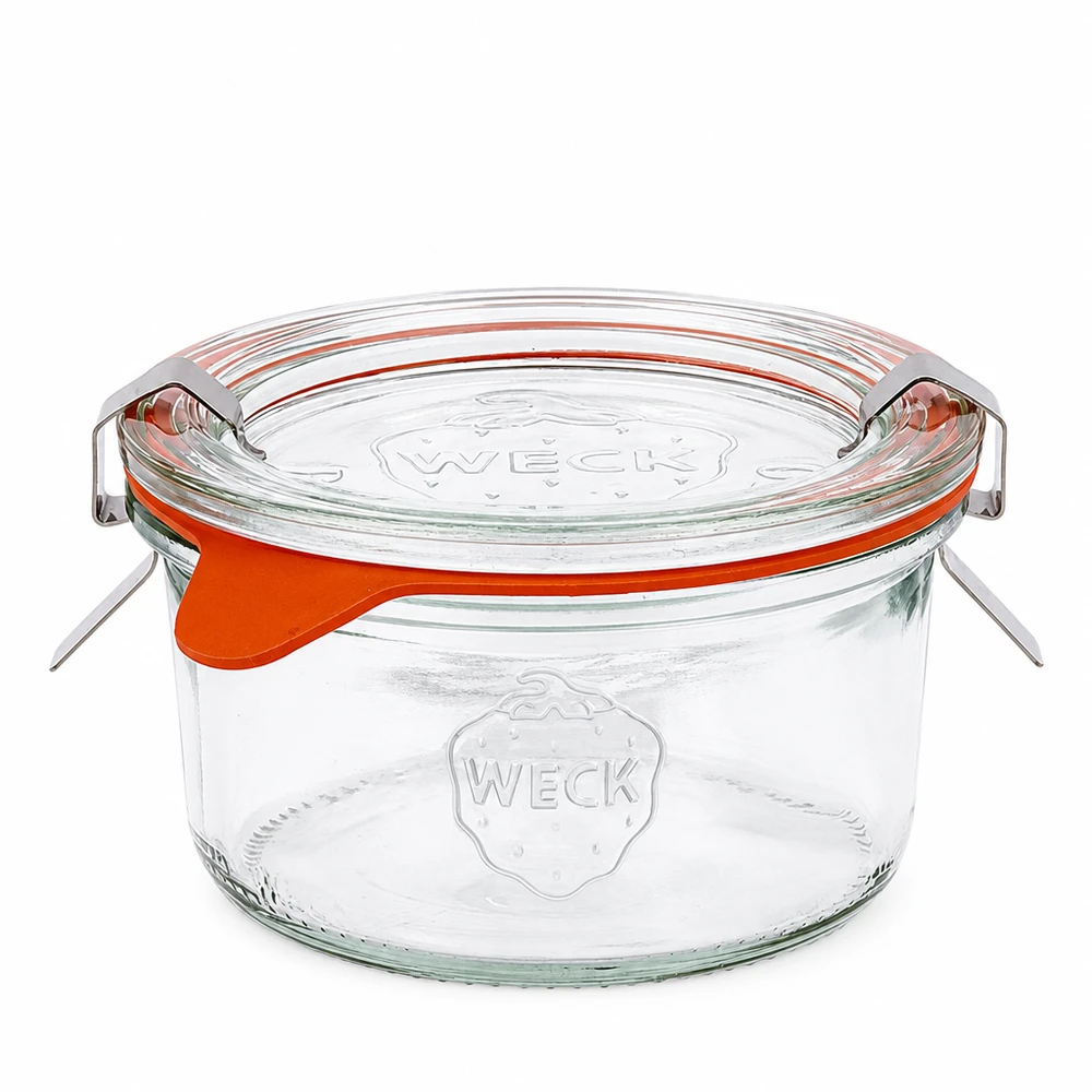 Täydellinen 165ml tumppupurkki WECK RR80 165ml WECK RR80 muurinpohjapurkki lasikannella ja oranssilla kumirenkaalla, säilykepurkki, jossa on kääntyvä kansi säilöntään.