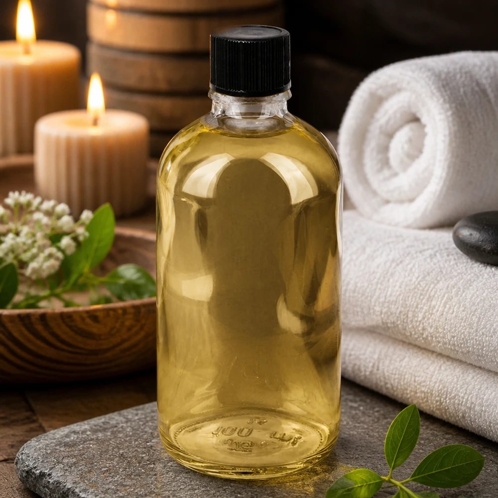 Kultainen hierontaöljy 100 ml:n ClearLine-tiputuspullossa UT18, jossa on tarkka 1 mm:n annosteluaukko