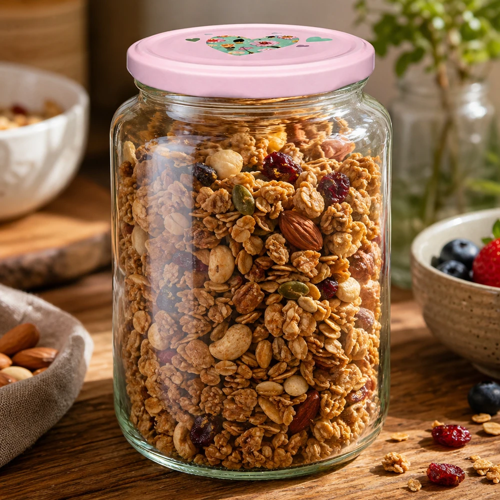 795ml pyöreä purkki + BasicSeal kansi sydän vaaleanpunainen UNiTWIST Rundglas 795ml mit rosa Herzdeckel gefüllt mit Müsli Nüssen und Trockenfrüchten als praktisches Vorratsglas für Küche