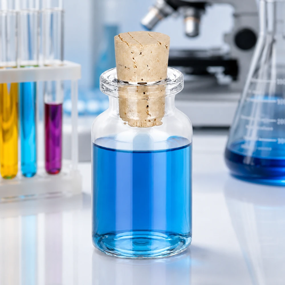 Kirkas lasipullo 10ml korkilla 11/14mm. Kompakte Klarglas-Probenflasche 10ml mit konischem Korken 11/14mm in professioneller Laborumgebung