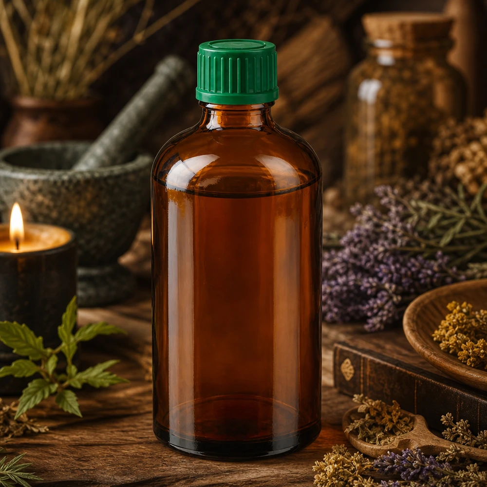 Premium meripihkanvärinen lasiapteekkipullo 100ml, jossa on vihreä korkki ammattimaisille yrttiuutteille.