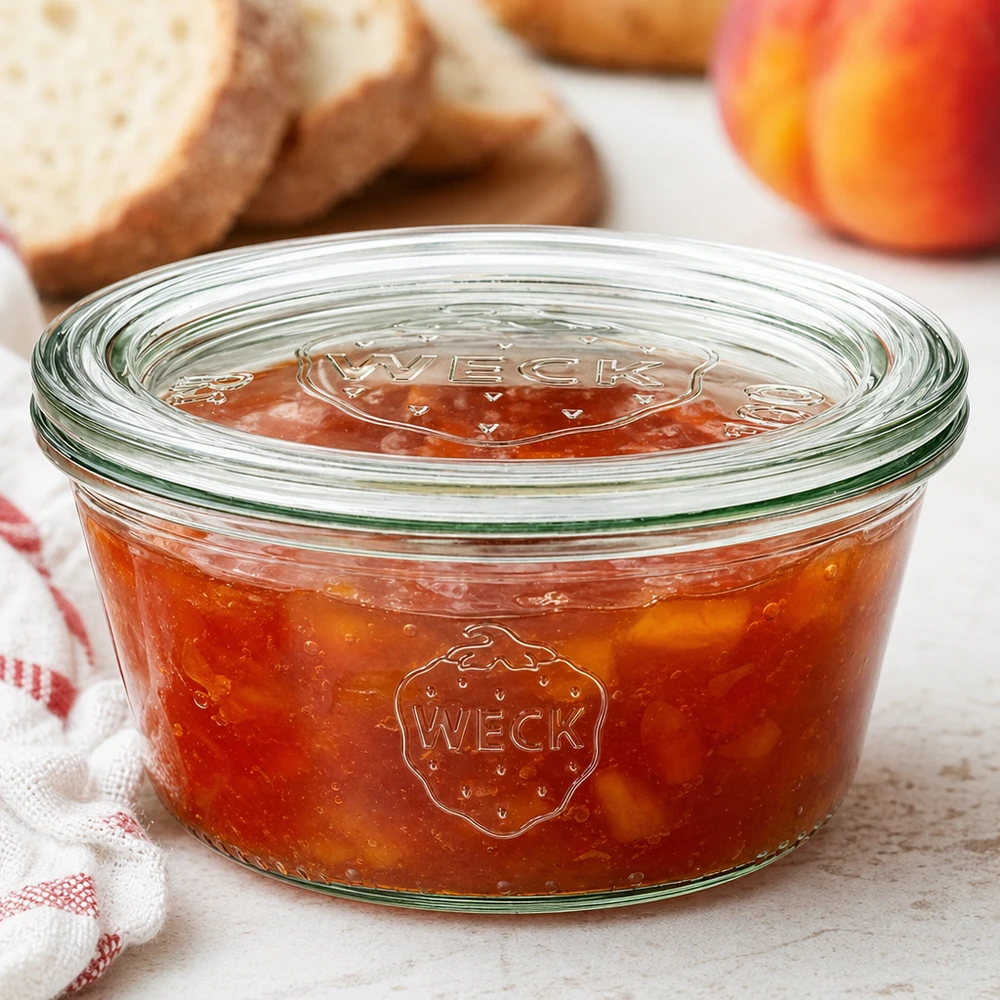 WECK-purkki 290ml RR100 persikkahillolla ja lasikannella leivän ja hedelmien vieressä viihtyisässä keittiökuvassa.