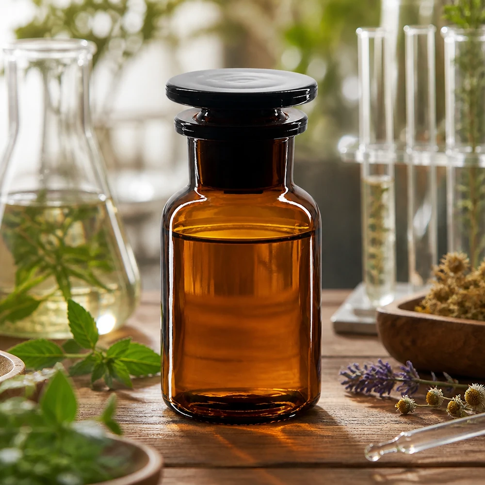 Pyöreä olkapääpullo 100ml ruskea leveäkaulainen lasitulppa Meripihkavärinen 100 ml:n leveäkaulainen apteekkipullo, jossa on musta lasitulppa, puupöydällä