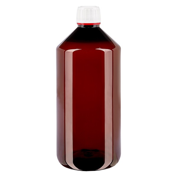 PET-pullo 1000ml, jossa on valkoinen/punainen sinetöintiturvallinen korkki. PET-pullo 1000ml, jossa on valkoinen/punainen sinetöintiturvallinen korkki.