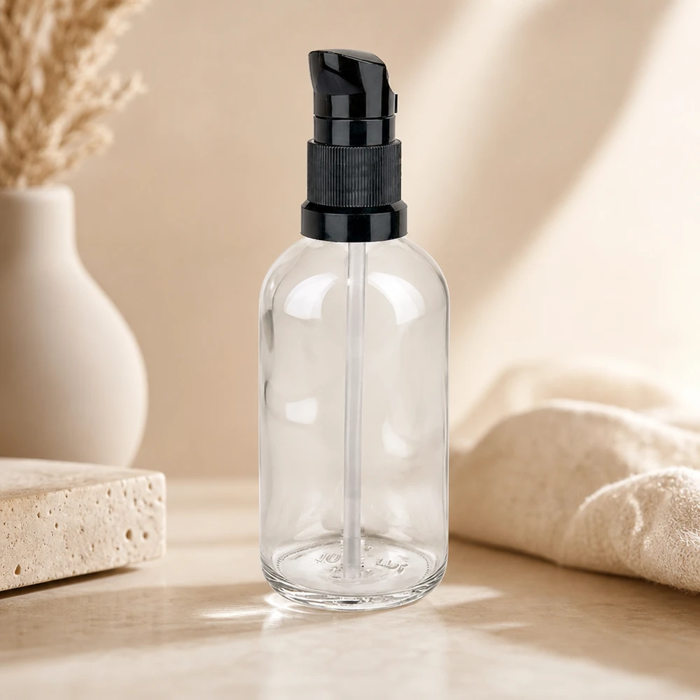 100ml pumppupullo musta vakiokorkki ClearLine UT18/100 Tyhjä 100 ml:n kirkaslasipullo, musta annostelupumppu, ClearLine UT18, uudelleen täytettävä kosmetiikkapullo