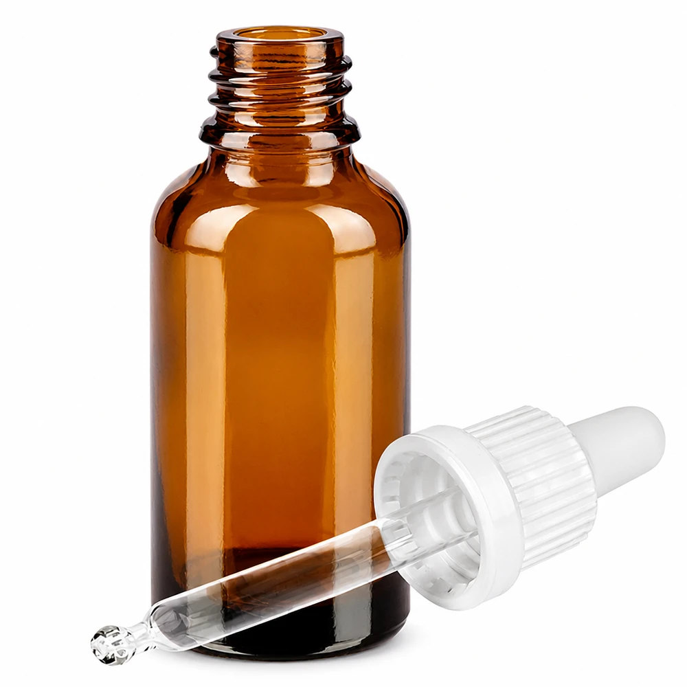 30 ml meripihkalasipullo, jossa pipetti ja tippakorkki nesteiden tarkkaa annostelua varten.