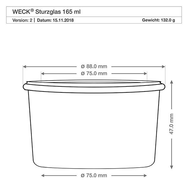 165ml juomalasit WECK RR80 silikonikannella valkoinen Tekninen mittapiirustus WECK 165ml RR80 rumpu, jonka mitat ovat halkaisija 88mm korkeus 47mm paino 132g.