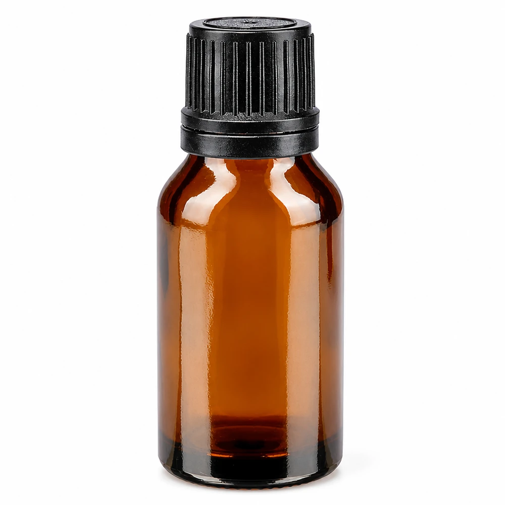 Apteekkipullo ruskea 15ml tiputuskorkki kaaderengas 1mm musta tamper-evident korkki. Ruskea apteekkipullo, 15 ml, mustalla tippakorkilla, 1 mm:n aukko, ruskeaa lasia