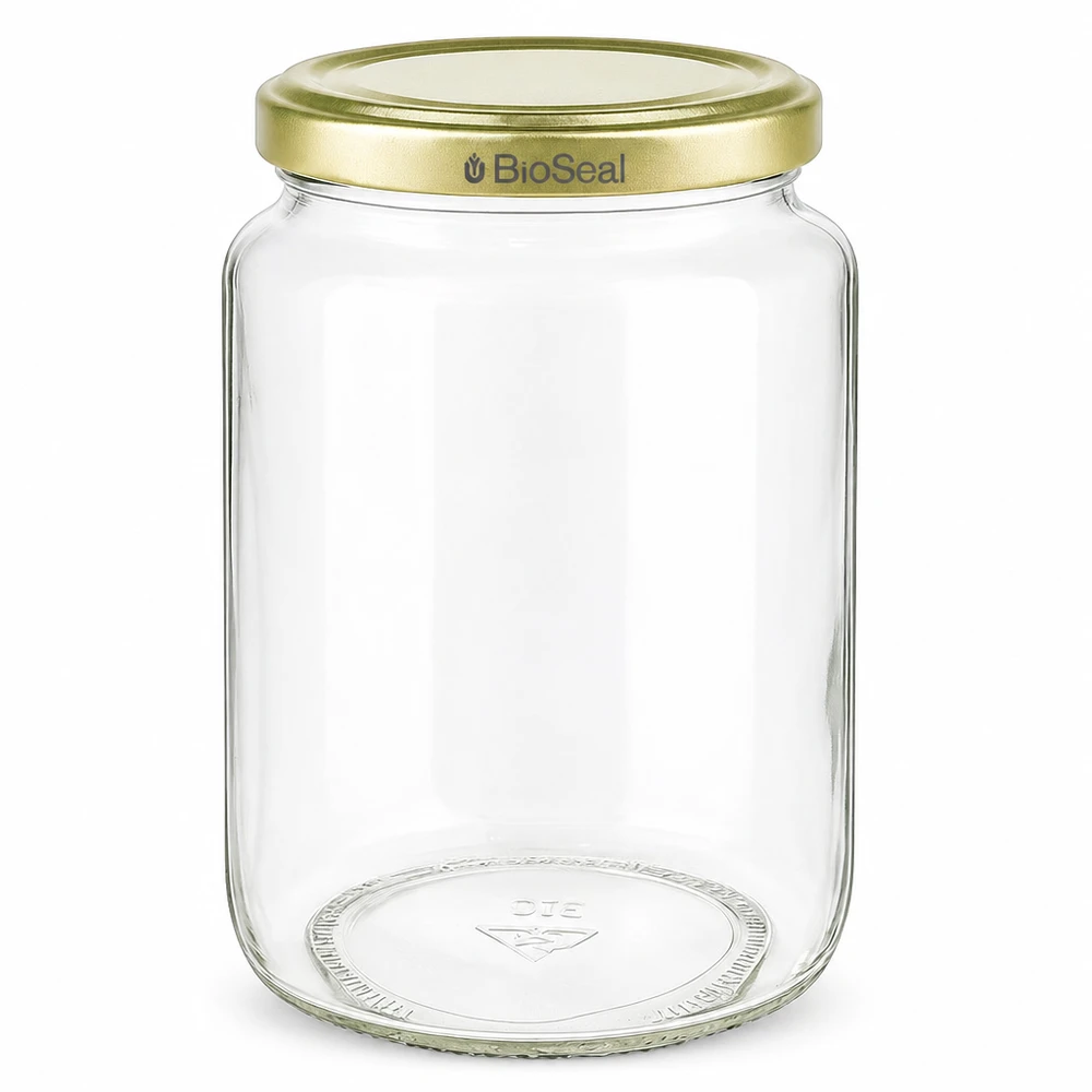 1000g Honigglas mit goldenem Deckel BioSeal UNiTWIST 1000g hunajapurkki tyhjä kultaisella BioSeal-kannella hunaja hilloon ja säilöntään kirkkaassa lasissa.