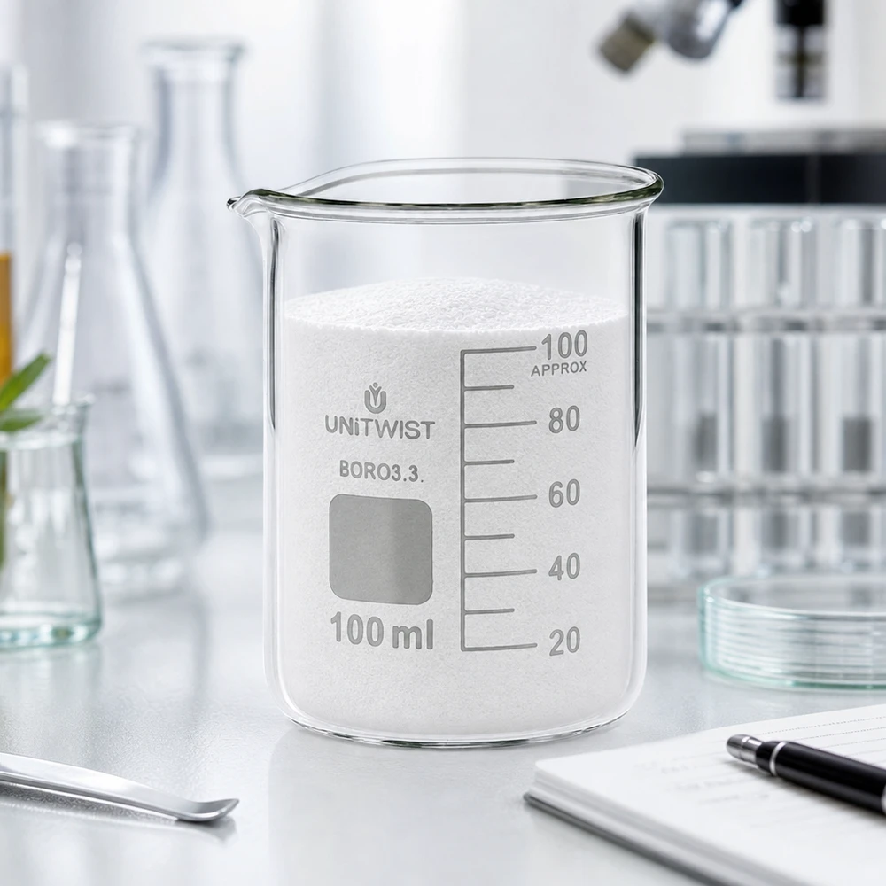 UNiTWIST-lasimalja, 100 ml, täytetty valkoisella jauheella, laboratoriotyötasolla
