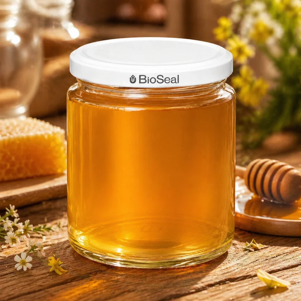 250ml BioSeal UNiTWIST -hunajapurkki täynnä kultaista hunajaa puupöydällä, jossa on hunajakenno ja hunajatikku.