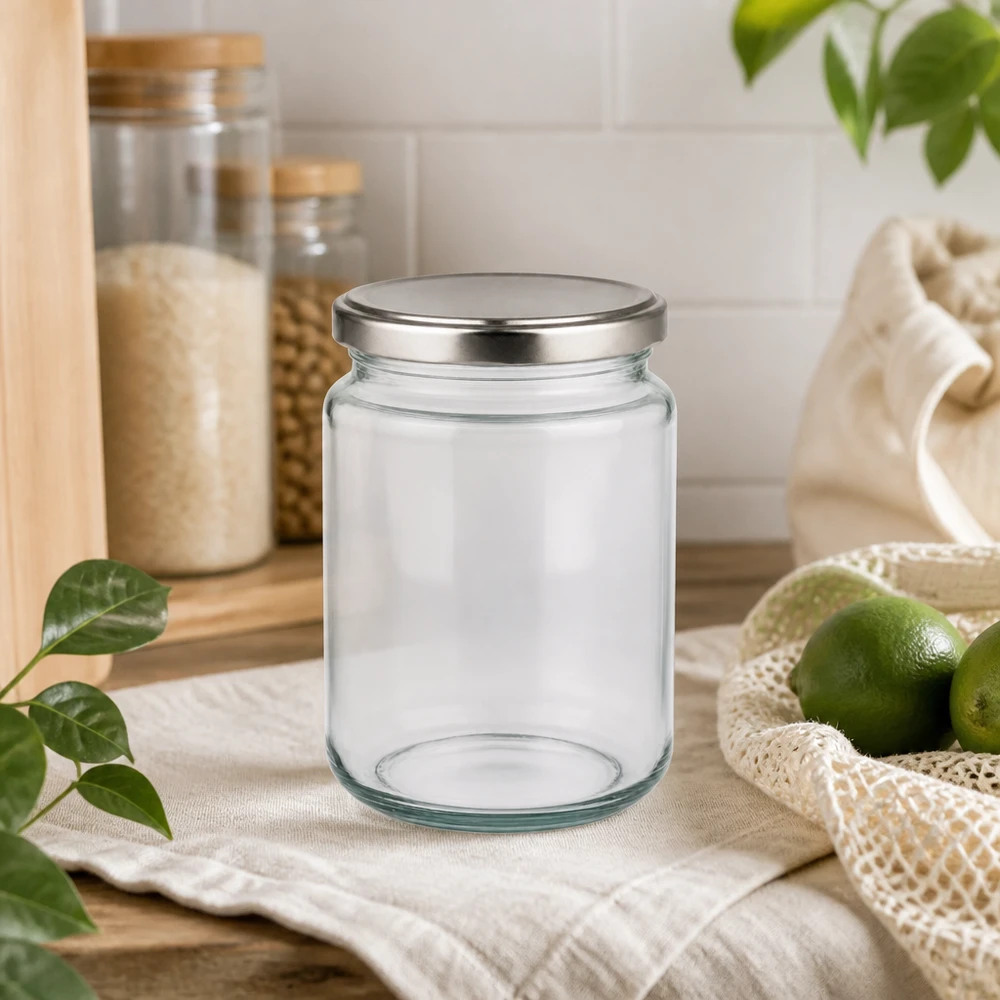 382ml pyöreä lasipurkki, jossa on BasicSeal-kansi hopea UNiTWIST. 382ml Rundglas mit silbernem Deckel in nachhaltiger Küchenumgebung mit Limetten Jutebeutel Glasvorräte Öko-Lifestyle