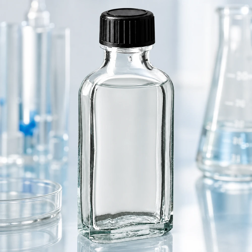 Läpinäkyvä 50 ml:n Meplat-pullo, jossa on EPE-tiivistekiekko ja musta korkki, laboratoriokäytössä