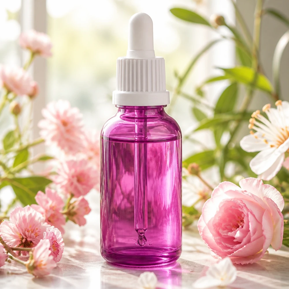 30ml pipettipullo valkoinen omaperäinen ruuvikorkki PurpleLine UT18/30 30ml violetti pipettipullo valkoisella ruuvikorkilla aromaterapiasovelluksia varten