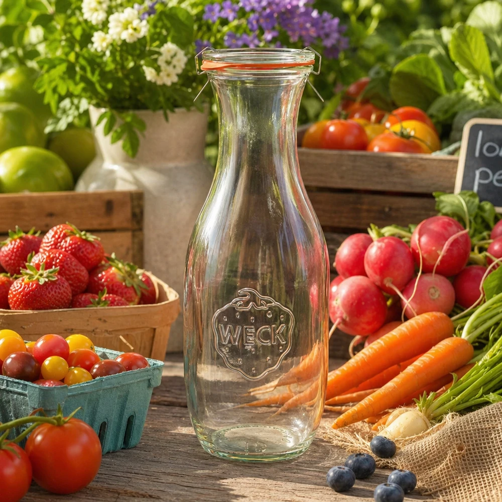 1062 ml:n mehupullo, täydellinen WECK RR60 WECK mehupullo 1062ml RR60 tyhjä välillä tuoreita vihanneksia hedelmiä puupöydällä Farmers Market tunnelma luonnollinen