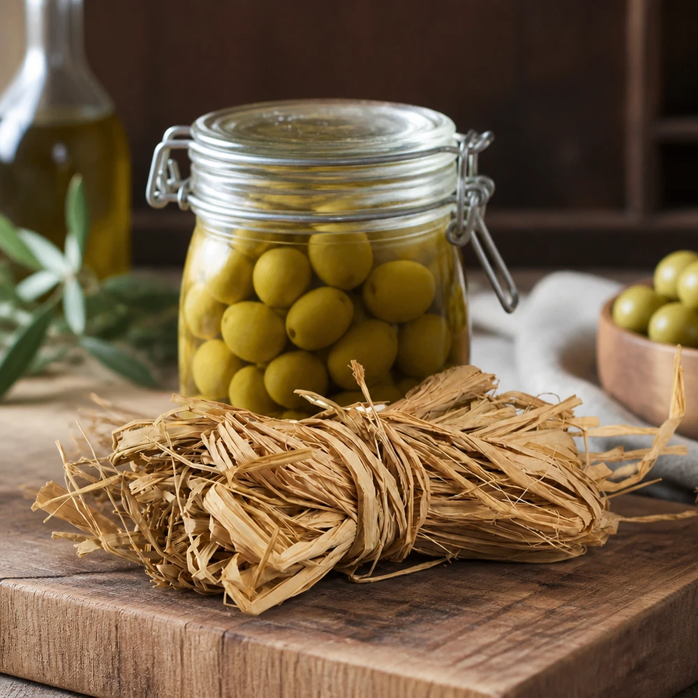 Luonnon raffia 30g kullanbeigeä väriä puulevylle aseteltuna osoittaa monipuolisen käytön koristeluun ja käsitöihin.