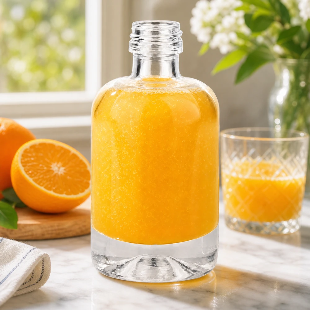 40ml lasipullo Sara täynnä appelsiinimehua osoittaa monipuolisuutta juomille ja kosmetiikalle ilman korkkia.