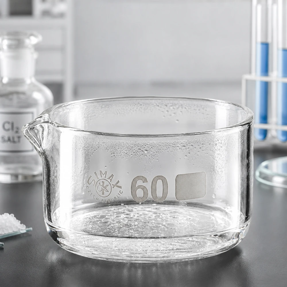 60ml kiteytysastia, jossa on borosilikaattikannu ø60mm Kiteytyskulho 60 ml, borosilikaattilasia, Simax, Tšekki, tasainen, sylinterimäinen kaatonokka, laboratoriokulho, kirkas