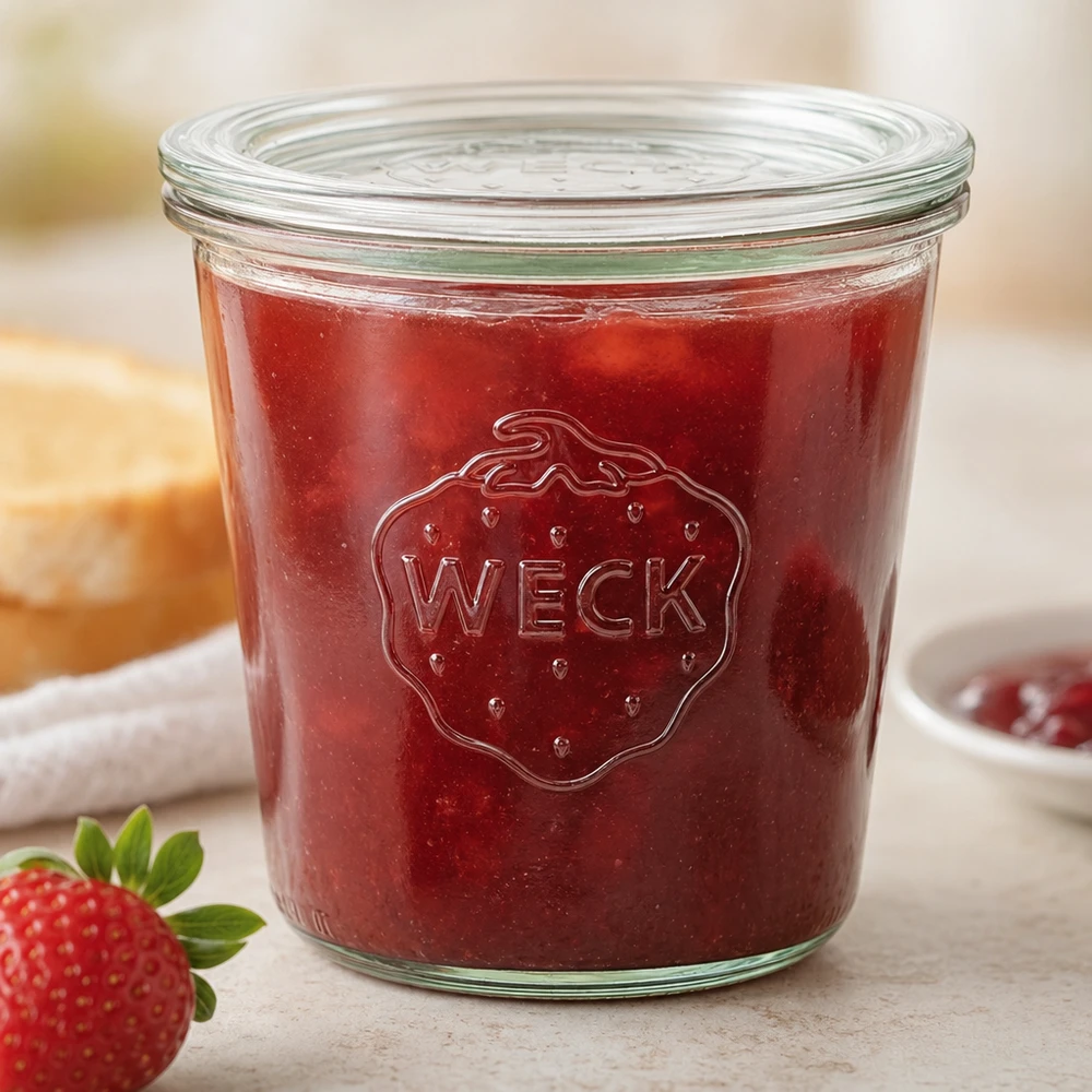 WECK 580ml RR100-lasit, joissa on punainen mansikkahillo ja mansikkalogo keittiön työtasolla.