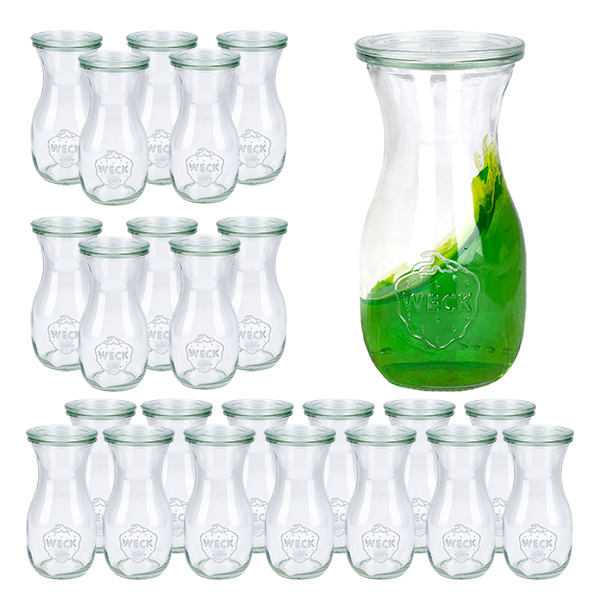 Setti 24 Weck-purkkia 290ml mehupullo, jossa on 24 lasikantta.