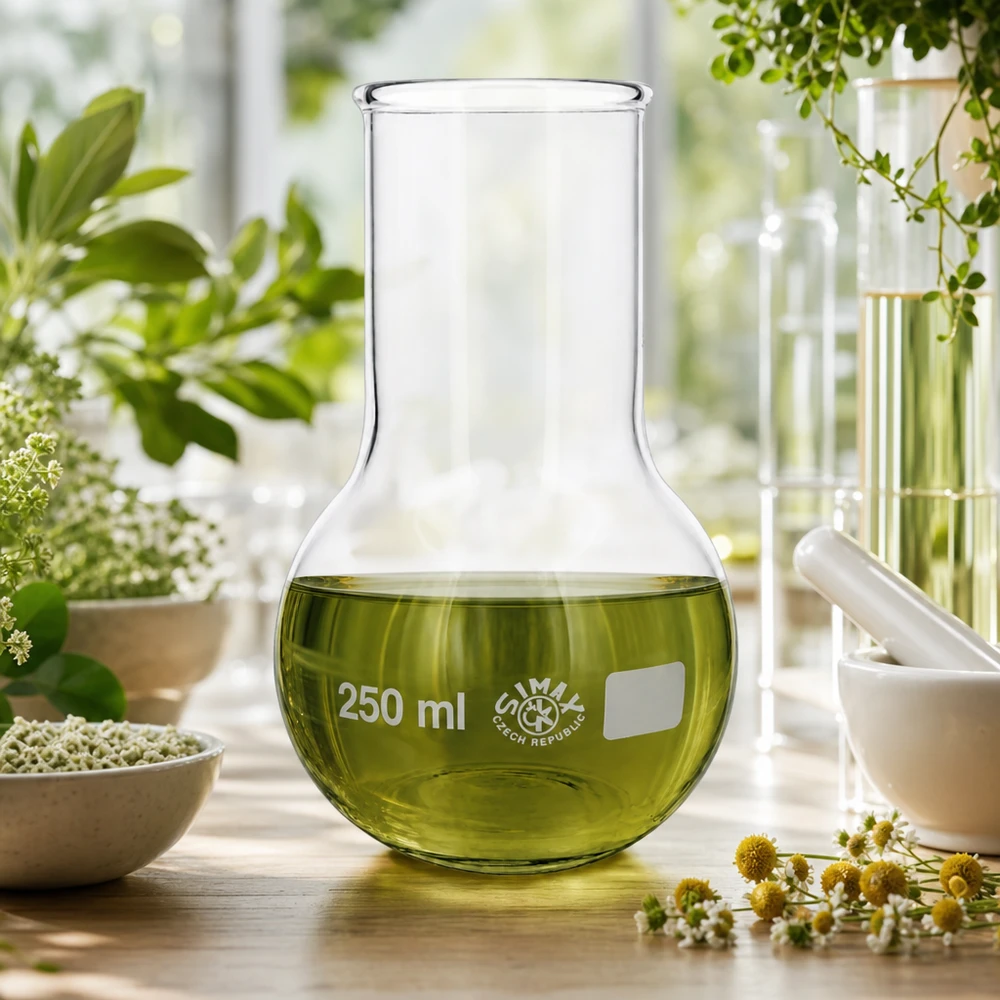 Lantiopullo 250ml leveä kaula Laboratoriopullo 250ml leveä kaula, jossa on vihreää nestettä puupöydällä kasvitieteellisten kasvien vieressä.