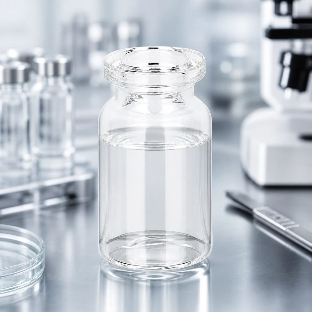 Hochwertige Klarglas Viale 5ml für Injektionslösungen vor medizinischem Laborhintergrund mit Mikroskop