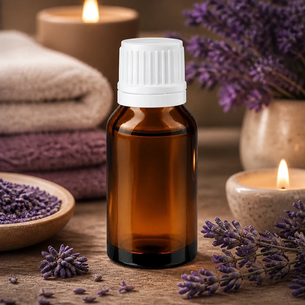 Apteekkipullo ruskea 30ml ruuvikorkki valkoinen peukalointisuojattu korkki Ruskea 30 ml:n lasipullo, jossa on valkoinen OV-korkki, ja jota ympäröivät laventelikukat ja kynttilät