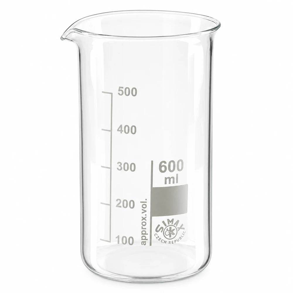 600 ml:n korkea mitta-astia, valmistettu borosilikaattilasista, millilitrimittakaavalla 100–500 ml