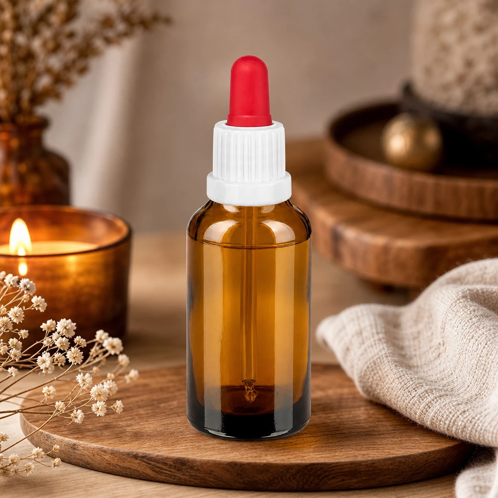 UV-suojattu meripihkanvärinen lasipullo 30ml, jossa on tarkka annostelupipetti kosmetiikkaan ja luontaistuotteisiin.