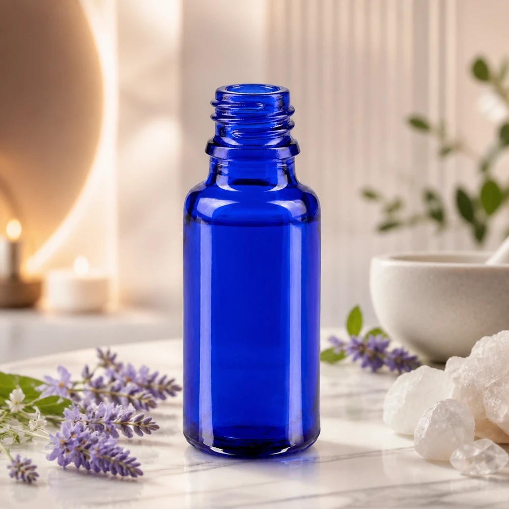 Kätevä 20ml ApoGlas-pullo tyylikkäässä sinisessä värissä luonnonkosmetiikkaan ja luontaistuotteisiin.