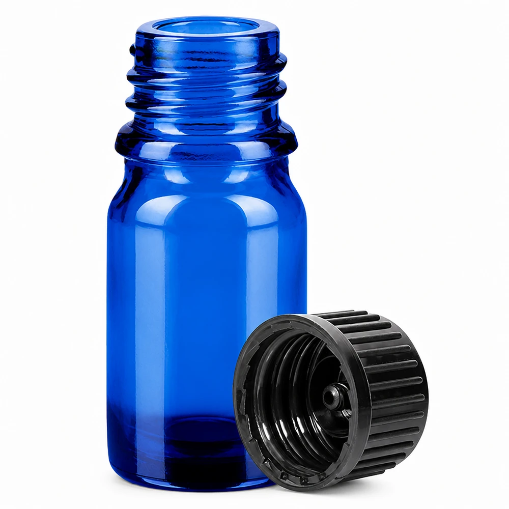 5ml BlueLine-lasipullo 11mm kierteellä ja mustalla korkilla tarkkaa annostelua varten.