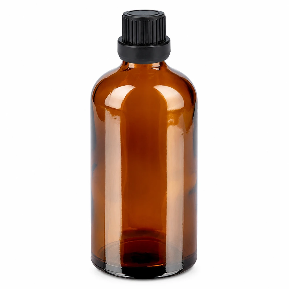 100ml ruskea lasipullo mustalla tiputuskorkilla eteerisille öljyille ja tinktuureille.
