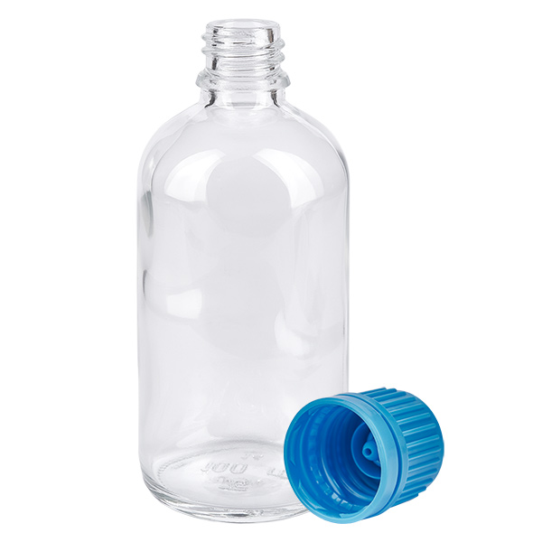 100ml pullo 11mm ruuvikorkki sininen väärentämisen estävä korkki ClearLine UT18/100 Läpinäkyvä 100 ml:n lasipullo UT18, jossa on avattu sininen 11 mm:n turvakorkki SV