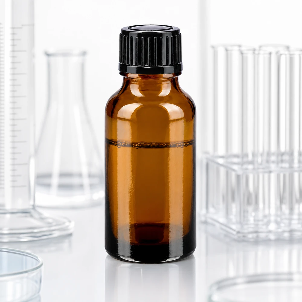20 ml:n ruskea lasipullo, jossa on musta korkki, laboratorioympäristössä