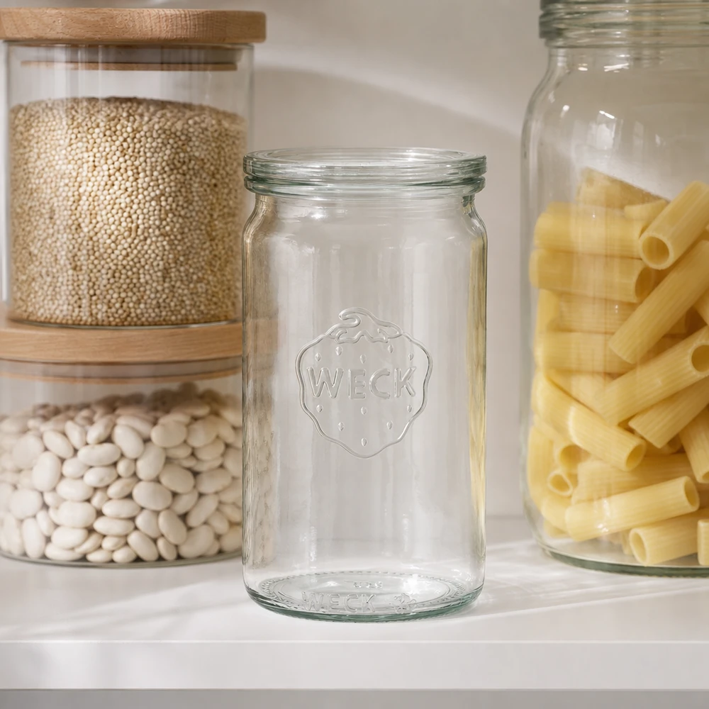 340ml sylinteripurkki lasikannella WECK RR60 WECK 340ml Zylinderglas RR60 leer in moderner Pantry zwischen Vorratsgläsern mit Hülsenfrüchten und Nudeln Küchenausstat