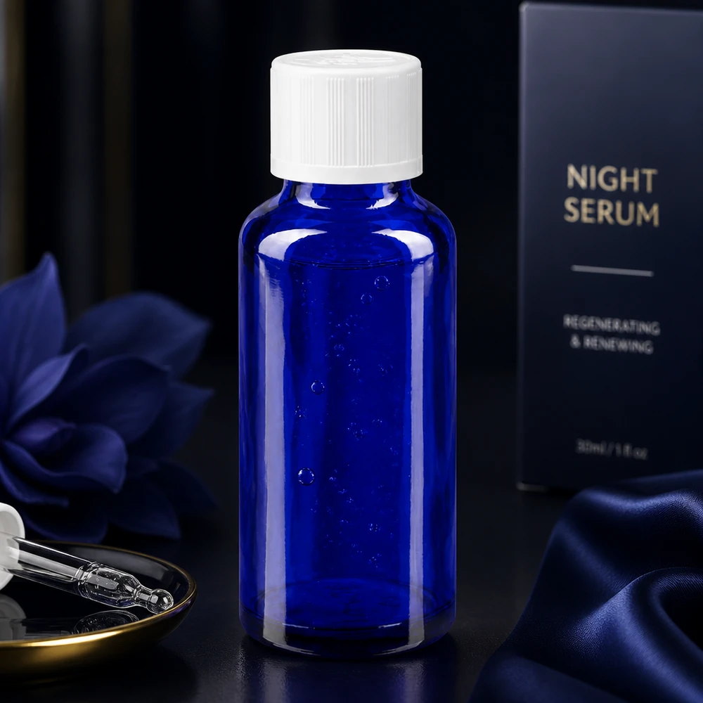 Apteekkipullo sininen 30ml tippapullon korkki valkoinen lapsiturvallinen standardi Tyylikäs 30 ml:n kobolttilasipullo yöseerumia varten, jossa on valkoinen KiSi-korkki tummalla pohjalla