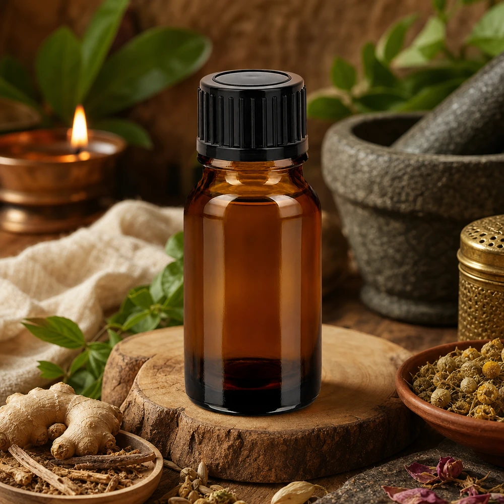 10ml pullo meripihkalasista UV-suojalla ja mustalla kierteitetyllä korkilla aromaterapiaa varten.